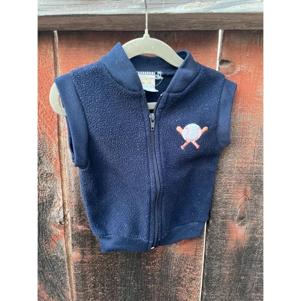 Vintage Double Trouble Navy Baseball Fleece Vest | Size 12M